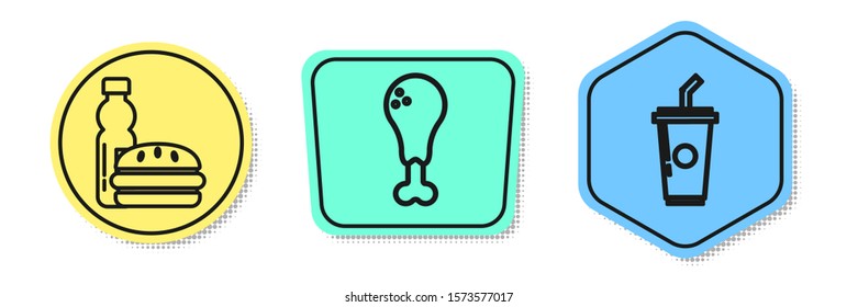 Set line Bottle of water and burger, Chicken leg and Paper glass with drinking straw and water. Colored shapes. Vector