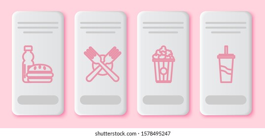 Set line Bottle of water and burger, Crossed fork, Popcorn in cardboard box and Paper glass with drinking straw and water. White rectangle button. Vector