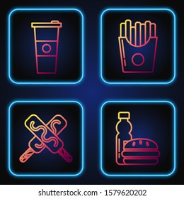 Set line Bottle of water and burger, Ice cream, Paper glass and water and Potatoes french fries in carton package box. Gradient color icons. Vector