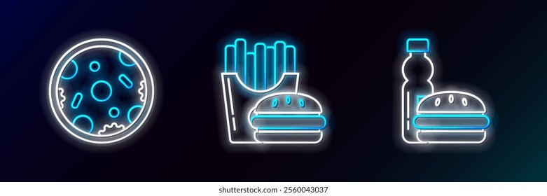 Set line Bottle of water and burger, Pizza and Burger french fries in carton package box icon. Glowing neon. Vector