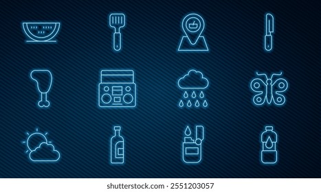 Set line Bottle of water, Butterfly, Picnic location, Home stereo with two speakers, Chicken leg, Watermelon, Cloud rain and Spatula icon. Vector