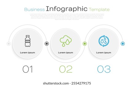 Set line Bottle of water, Cloud with rain and Recycle clean aqua. Business infographic template. Vector