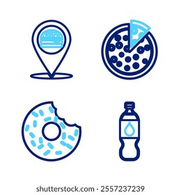 Set line Bottle of water, Donut, Pizza and Location with burger icon. Vector