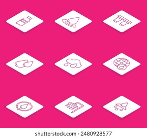 Set line Bottle of water, Water drop, filter, Cloud with rain, Earth planet, Recycle clean aqua and Shower icon. Vector