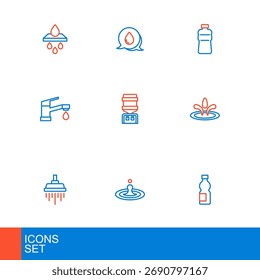 Botella de agua, gota de agua, ducha, grifo, enfriador y con el icono de burbujas de discurso. Vector
