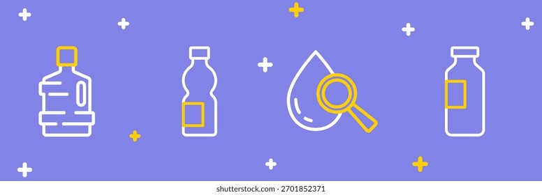Set line Bottle of water, Drop and magnifying glass,  and Big bottle with clean icon. Vector