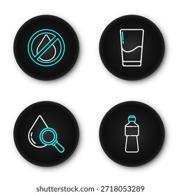 Set line Flasche Wasser, Tropfen und Lupe, Glas mit und Wassertropfen verboten Symbol. Vektorgrafik