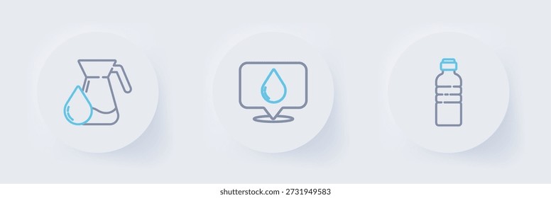Set línea Botella de agua, gota de agua con ubicación e icono de jarra de vidrio. Vector