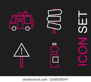 Set line Bottle of water, Exclamation mark in triangle, Road traffic signpost and Rv Camping trailer icon. Vector