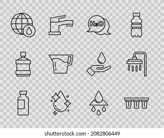 Set line Bottle of water, Water filter, Chemical formula for H2O, drop, Earth planet in, Jug glass with, Recycle clean aqua and Shower icon. Vector