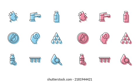 Set line Bottle of water, Water filter, drop, Drop and magnifying glass, forbidden and tap icon. Vector