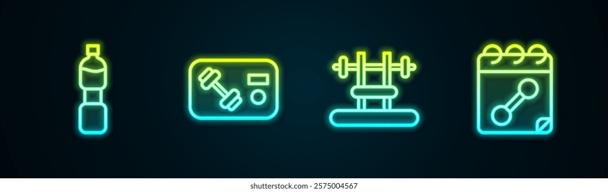 Set line Bottle of water, Fitness club, gym card, Bench with barbel and Calendar fitness. Glowing neon icon. Vector