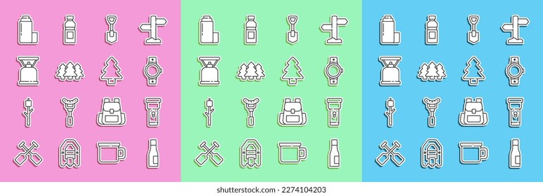 Set line Bottle of water, Flashlight, Smartwatch, Shovel, Forest, Camping gas stove, Thermos container and  icon. Vector