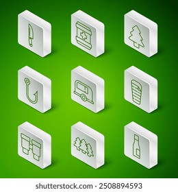 Set line Bottle of water, Forest, Knife, Rv Camping trailer, Fishing hook, First aid kit, Binoculars and Sleeping bag icon. Vector