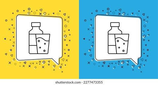 Set line Bottle of water with glass icon isolated on yellow and blue background. Soda aqua drink sign.  Vector