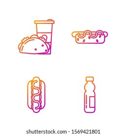 Set line Bottle of water, Hotdog sandwich with mustard, Paper glass and taco with tortilla and Hotdog sandwich with mustard. Gradient color icons. Vector