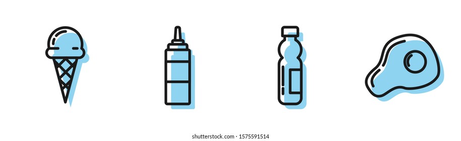 Set line Bottle of water, Ice cream in waffle cone, Sauce bottle and Scrambled eggs icon. Vector