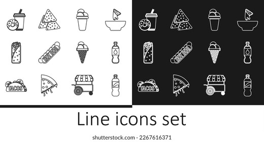 Set line Bottle of water, Ice cream, Hotdog sandwich, Burrito, Soda drink with donut, waffle cone and Nachos icon. Vector