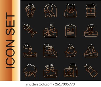 Set line Bottle of water, Iceberg, Tsunami, Polar bear head, Problem pollution the ocean, Dead fish, Face in protective mask and Global warming icon. Vector