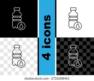 Set línea Botella de icono de agua aislado en blanco y negro, fondo transparente. Signo de bebida de agua de soda.  Vector