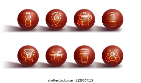 Set line Bottle of water, Water jug with filter, cartridge, drop location, Chemical formula for H2O and  icon. Vector