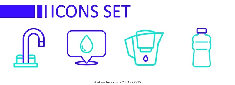 Set line Bottle of water, Water jug with filter, drop location and tap icon. Vector