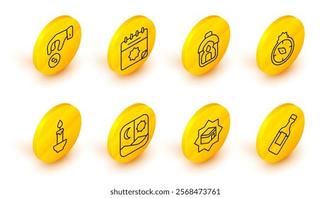 Set line Bottle of water, Kaaba mosque, Ramadan fasting, Burning candle, Qibla, Kareem lantern, calendar and Donate or pay your zakat icon. Vector