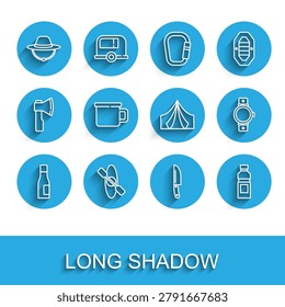 Set line Bottle of water, Kayak or canoe, Camping hat, Knife, metal mug, Smartwatch and Tourist tent icon. Vector