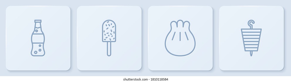 Set line Bottle of water, Khinkali on cutting board, Ice cream and Grilled shish kebab. White square button. Vector