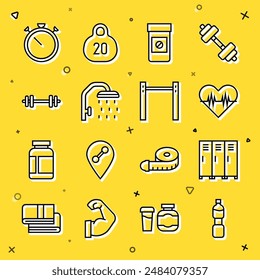 Set line Bottle of water, Locker or changing room, Heart rate, Anabolic drugs, Shower head, Barbell, Stopwatch and Horizontal bar icon. Vector