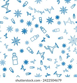 Set line Bottle of water, Martini glass and Wind rose on seamless pattern. Vector