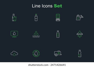 Set line Bottle of water, Mobile tank, Recycle clean aqua, Cloud with rain, Water filter cartridge, drop and location icon. Vector