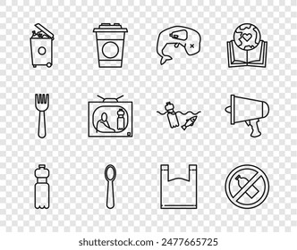 Set line Bottle of water, No plastic bottle, Environment protection whale dead, Disposable spoon, Trash can, Stop pollution, Plastic bag and Spread the word, megaphone icon. Vector