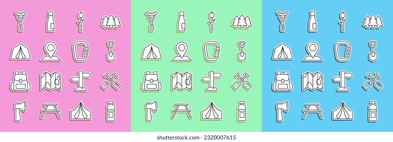 Set line Bottle of water, Paddle, Shovel, Marshmallow on stick, Location, Tourist tent, Sausage the fork and Carabiner icon. Vector