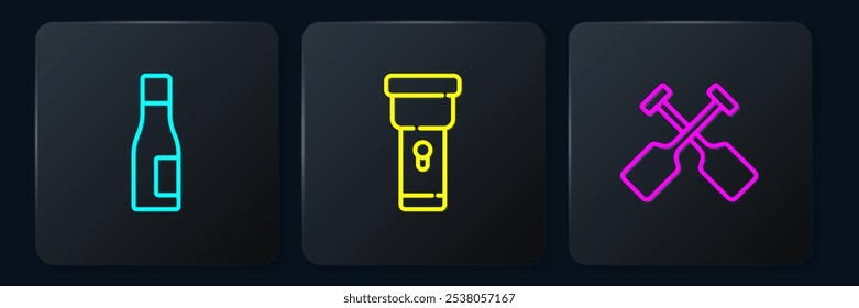 Set line Bottle of water, Paddle and Flashlight. Black square button. Vector