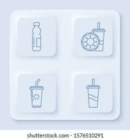 Set line Bottle of water, Paper glass with drinking straw and donut, Paper glass with drinking straw and water and Paper glass with drinking straw and water. White square button. Vector