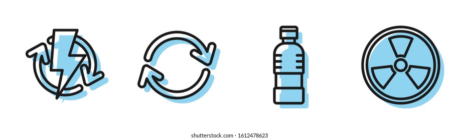 Set line Bottle of water, Recharging, Refresh and Radioactive icon. Vector