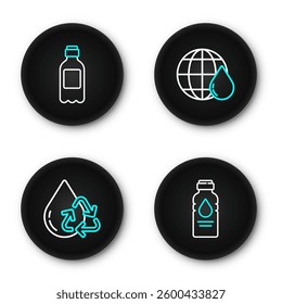 Set line Bottle of water, Recycle clean aqua, Earth planet in drop and  icon. Vector