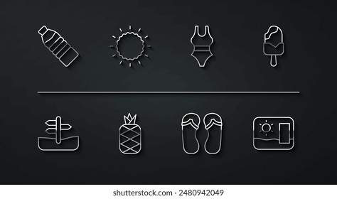 Set line Bottle of water, Road traffic sign, Ice cream, Flip flops, Pineapple, Sun, Travel postcard and Swimsuit icon. Vector