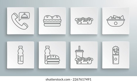 Set line Bottle of water, Sandwich, burger, Paper glass with drinking straw hotdog, Doner kebab, Hotdog sandwich mustard, Nachos plate and Food ordering icon. Vector