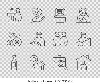 Set line Bottle of water, Shelter for homeless, Sleeping bag, House with question mark, Trash can, Feeding the, Work search and Growth icon. Vector