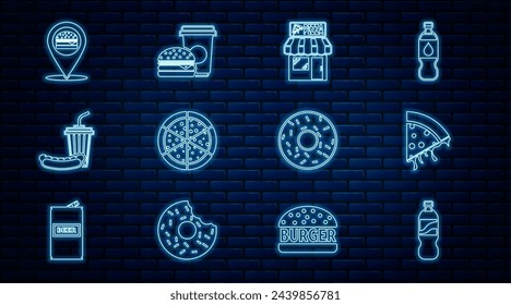Set line Bottle of water, Slice pizza, Pizzeria building facade, Pizza, Soda and hotdog, Location with burger, Donut and Coffee icon. Vector