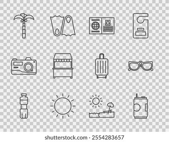 Set line Bottle of water, Soda can, Passport, Sun, Tropical palm tree, Street stall with awning, Beach umbrella and chair and Glasses icon. Vector