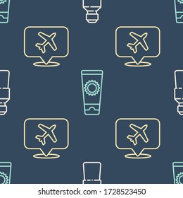 Set Line Flasche Wasser, Sprechblase mit Flugzeug und Sonnencreme in Röhre auf nahtlosen Muster. Vector