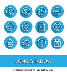 Set line Bottle of water, Sun, Symbol Mercury, Full moon, Calendar, Moon and stars and Star constellation zodiac icon. Vector