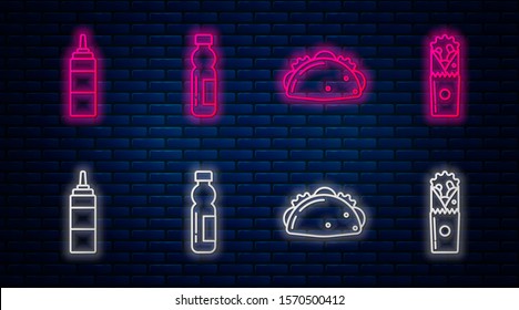 Set line Bottle of water, Taco with tortilla, Sauce bottle and Doner kebab. Glowing neon icon on brick wall. Vector
