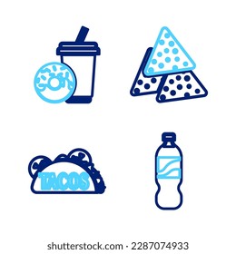 Set line Bottle of water, Taco with tortilla, Nachos and Soda drink donut icon. Vector