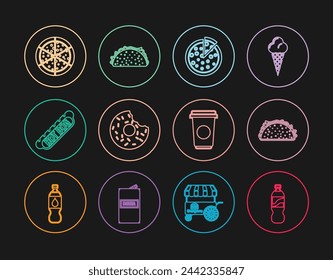 Set line Bottle of water, Taco with tortilla, Pizza, Donut, Hotdog sandwich, Coffee cup and  icon. Vector