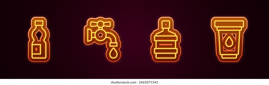 Set line Bottle of water, Water tap, Big bottle with clean and filter cartridge. Glowing neon icon. Vector