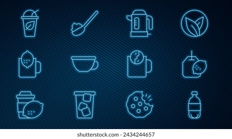 Set line Bottle of water, Tea bag with lemon, Electric kettle, Cup tea, leaf, time and Spoon sugar icon. Vector
